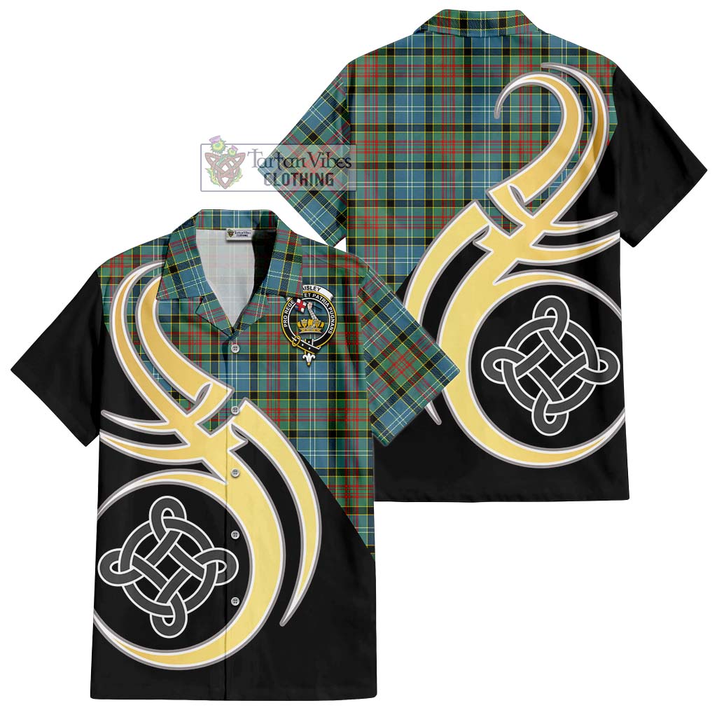 Paisley Tartan Short Sleeve Button Shirt with Family Crest and Celtic Symbol Style - Tartan Vibes Clothing