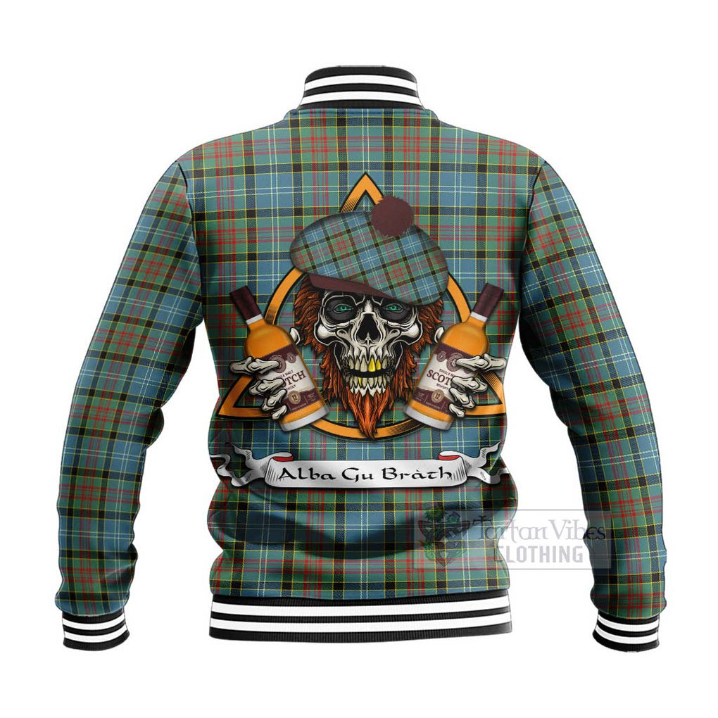 Tartan Vibes Clothing Paisley Tartan Baseball Jacket with Family Crest and Bearded Skull Holding Bottles of Whiskey