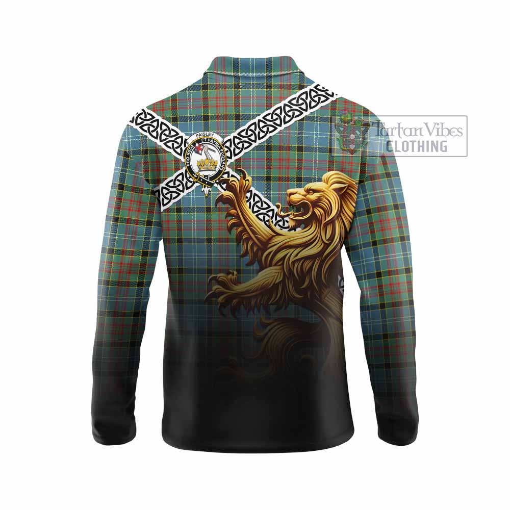 Paisley Crest Tartan Long Sleeve Polo Shirt with Golden Lion Emblem Celtic Style - Tartan Vibes Clothing