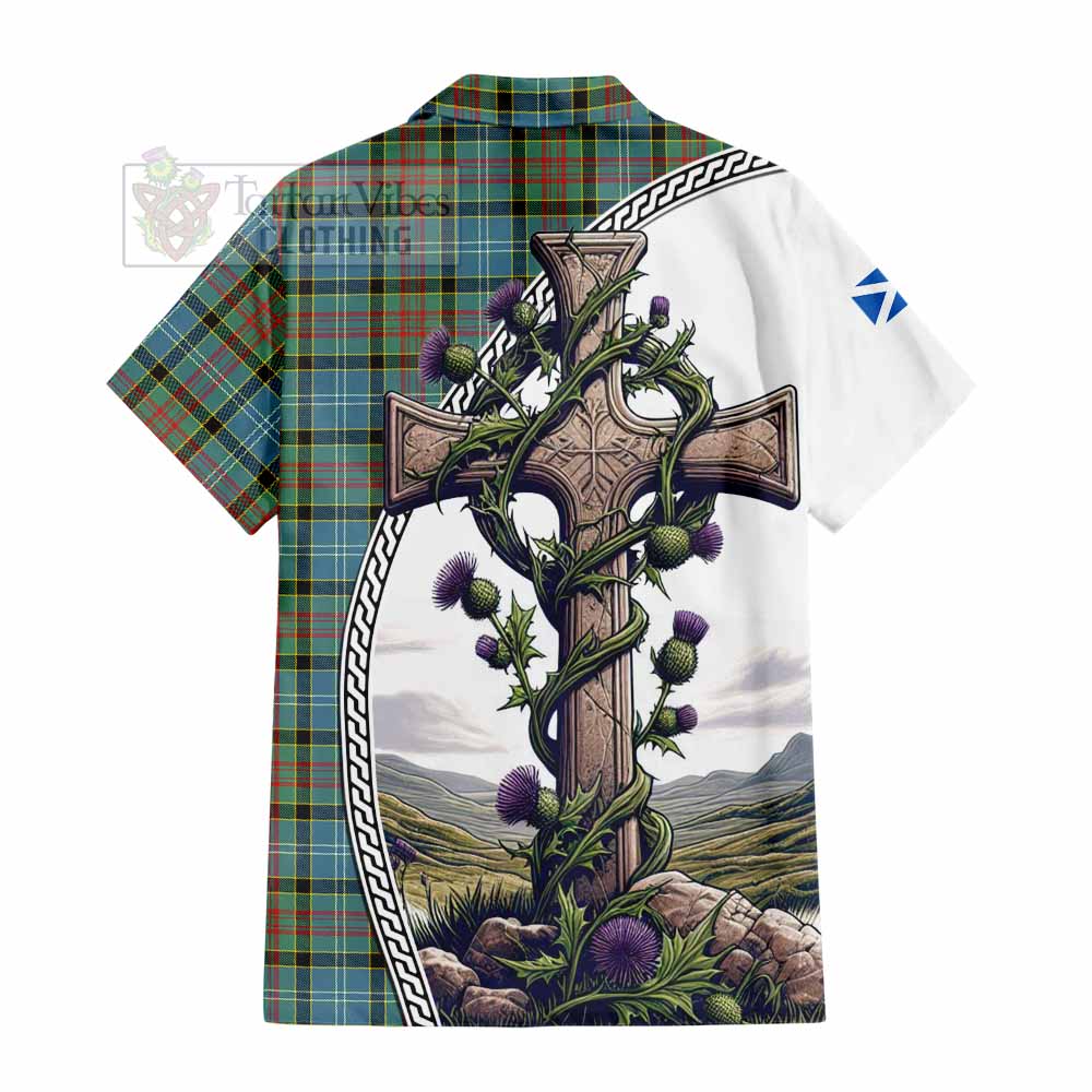 Tartan Vibes Clothing Paisley Tartan Short Sleeve Button Shirt with Family Crest and St. Andrew's Cross Accented by Thistle Vines