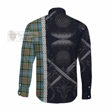 Paisley Tartan Long Sleeve Button Shirt with Family Crest Cross Sword Thistle Celtic Vibes