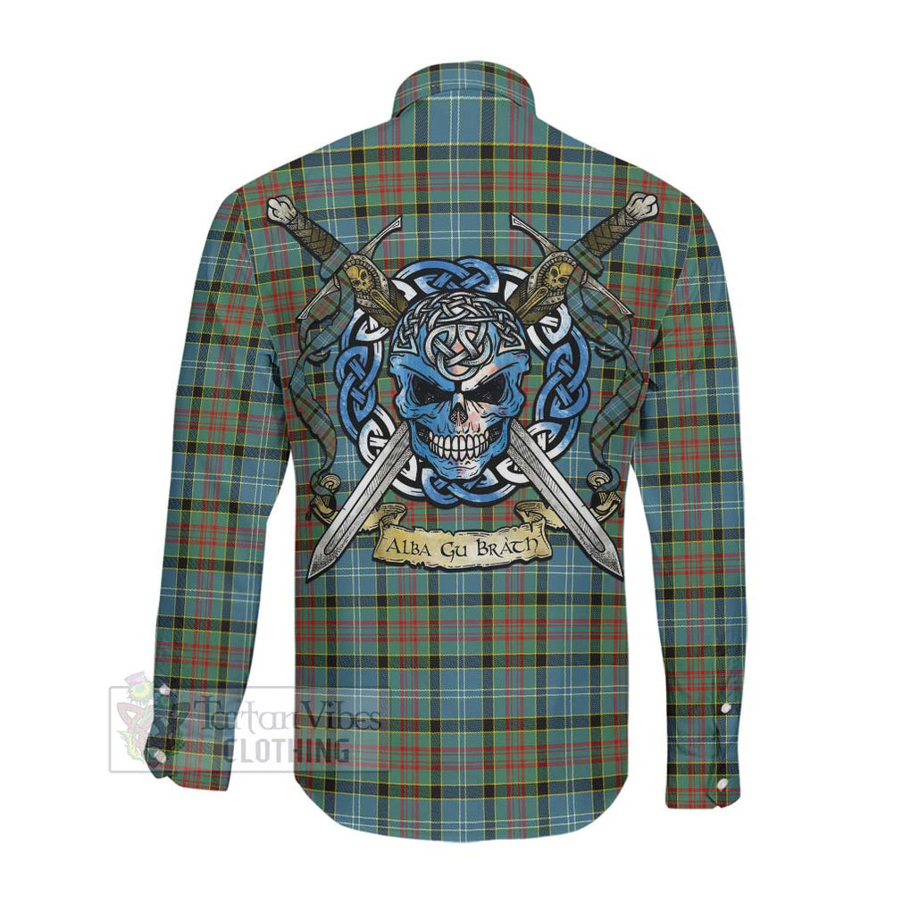 Tartan Vibes Clothing Paisley Tartan Long Sleeve Button Shirt with Family Crest Celtic Skull Style