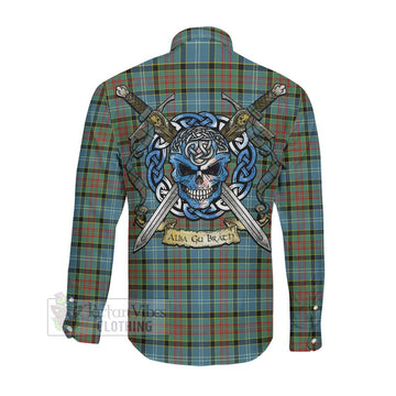 Paisley Tartan Long Sleeve Button Shirt with Family Crest Celtic Skull Style