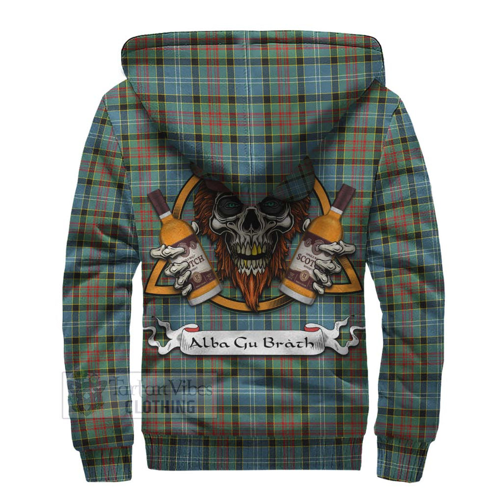 Tartan Vibes Clothing Paisley Tartan Sherpa Hoodie with Family Crest and Bearded Skull Holding Bottles of Whiskey