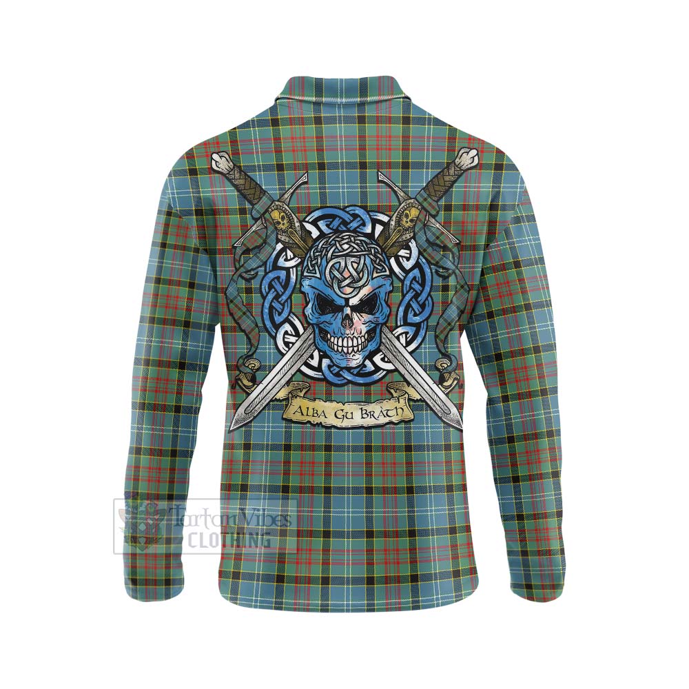 Tartan Vibes Clothing Paisley Tartan Long Sleeve Polo Shirt with Family Crest Celtic Skull Style