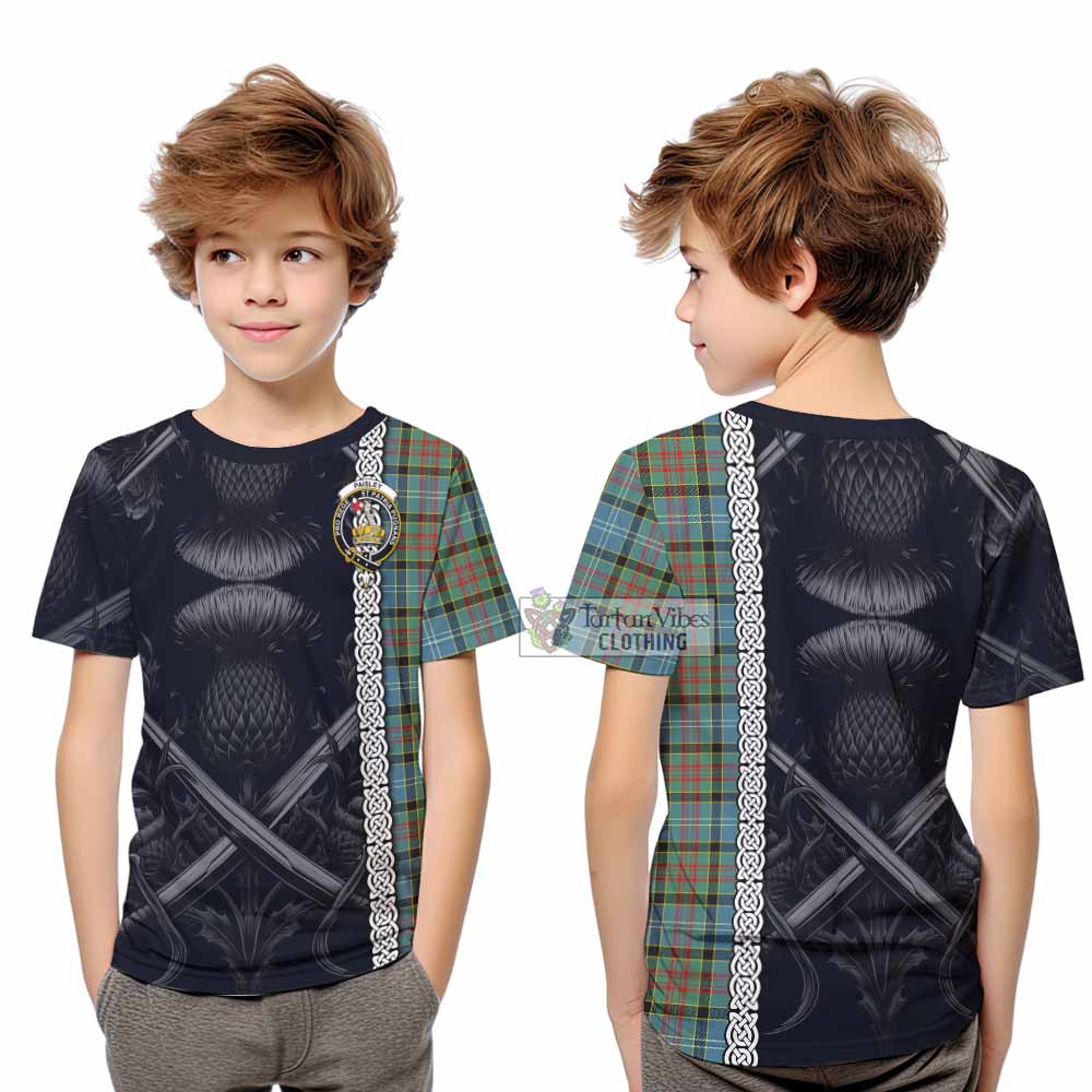 Tartan Vibes Clothing Paisley Tartan Kid T-Shirt with Family Crest Cross Sword Thistle Celtic Vibes