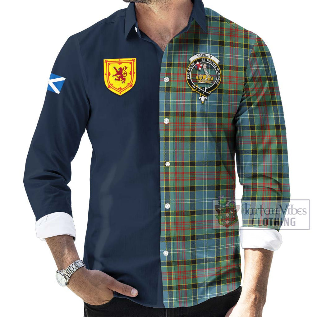 Tartan Vibes Clothing Paisley Tartan Long Sleeve Button Shirt with Scottish Lion Royal Arm Half Style