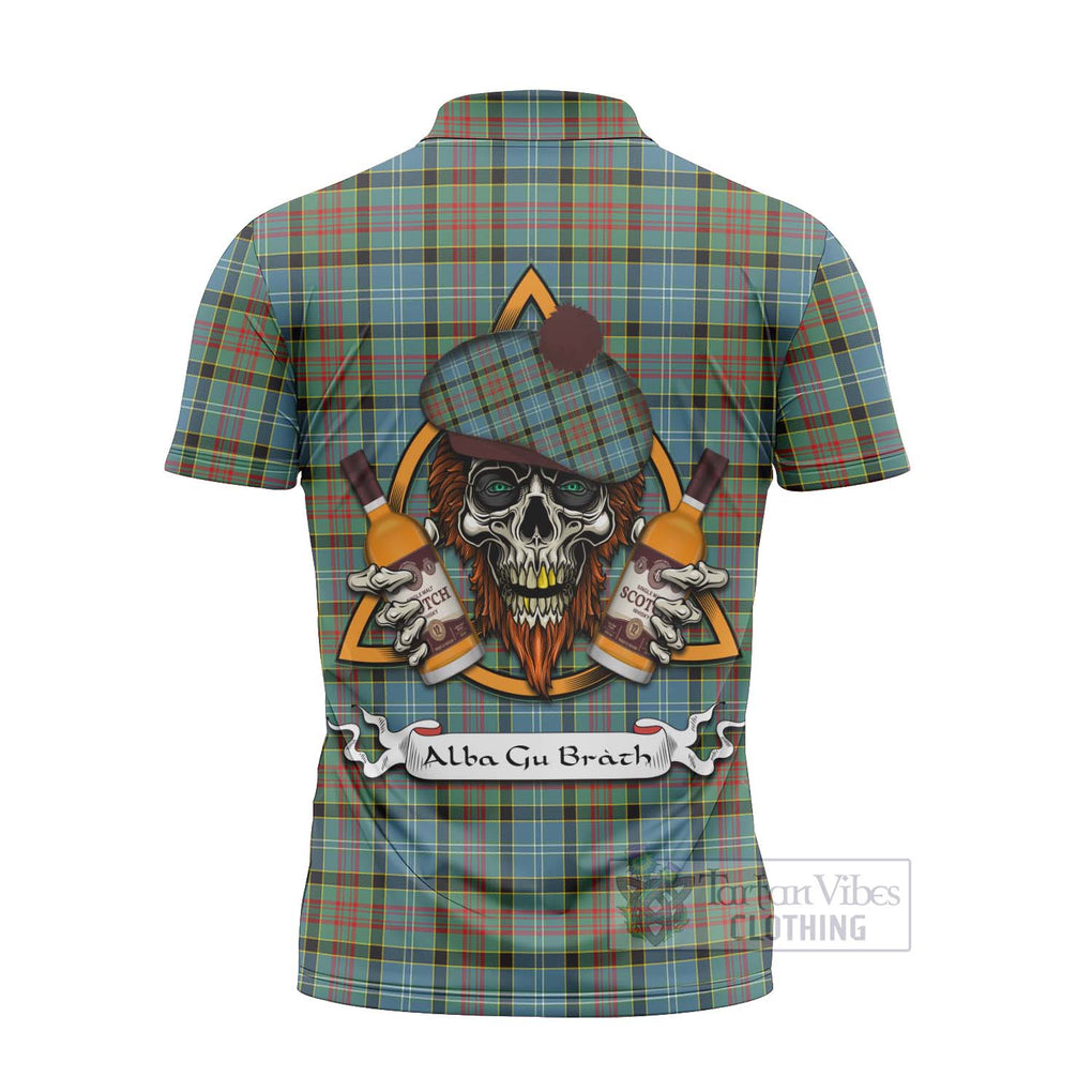 Tartan Vibes Clothing Paisley Tartan Zipper Polo Shirt with Family Crest and Bearded Skull Holding Bottles of Whiskey