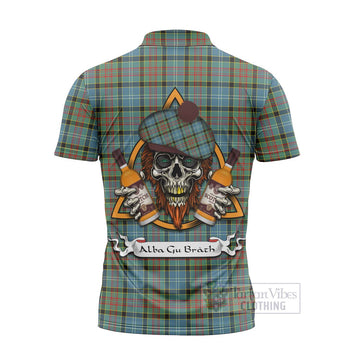 Paisley Tartan Zipper Polo Shirt with Family Crest and Bearded Skull Holding Bottles of Whiskey