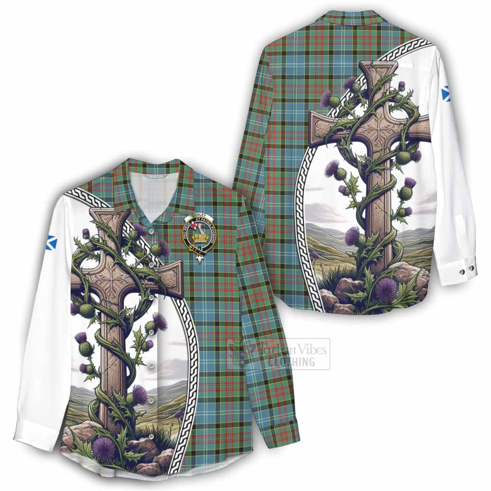 Tartan Vibes Clothing Paisley Tartan Women's Casual Shirt with Family Crest and St. Andrew's Cross Accented by Thistle Vines