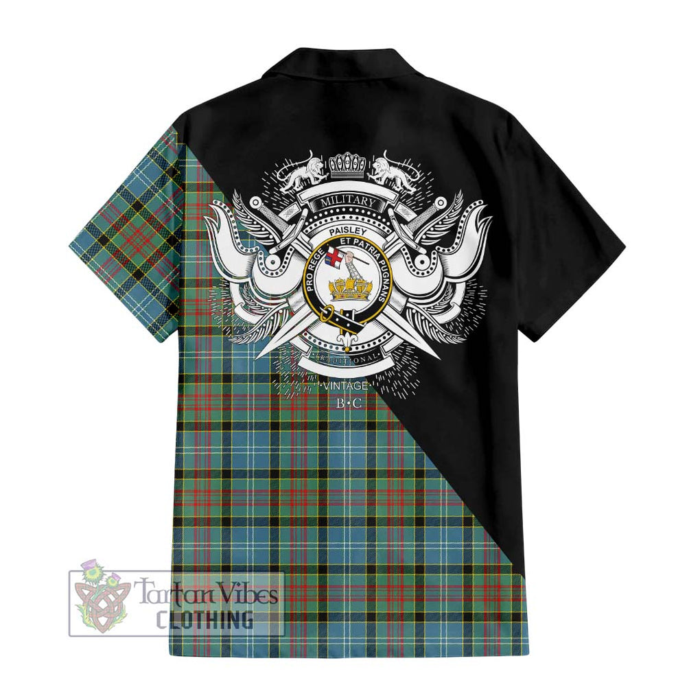 Paisley Tartan Short Sleeve Button Shirt with Family Crest and Military Logo Style - Tartanvibesclothing Shop