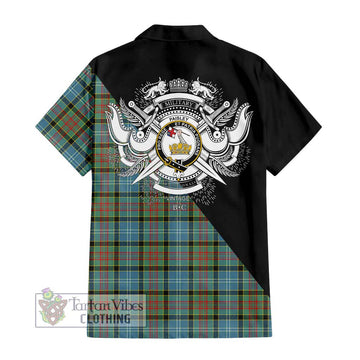 Paisley Tartan Short Sleeve Button Shirt with Family Crest and Military Logo Style