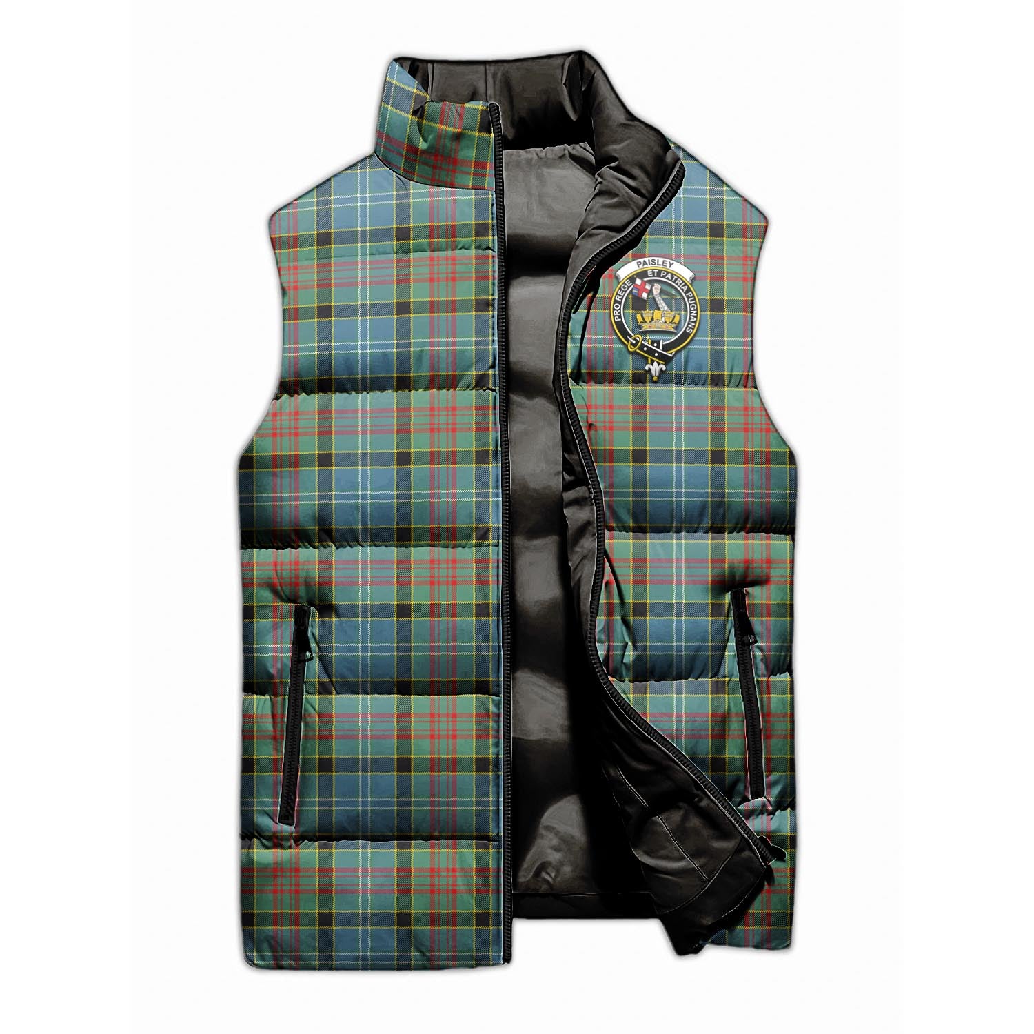 Paisley Tartan Sleeveless Puffer Jacket with Family Crest - Tartanvibesclothing