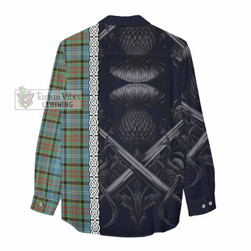 Paisley Tartan Women's Casual Shirt with Family Crest Cross Sword Thistle Celtic Vibes