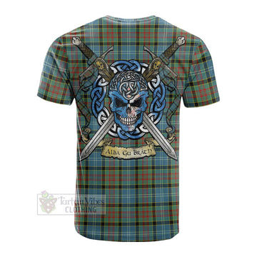 Paisley Tartan Cotton T-shirt with Family Crest Celtic Skull Style