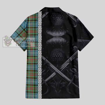 Paisley Tartan Short Sleeve Button Shirt with Family Crest Cross Sword Thistle Celtic Vibes