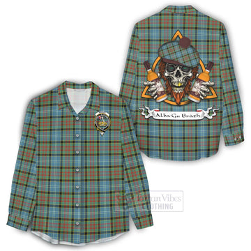 Paisley Tartan Women's Casual Shirt with Family Crest and Bearded Skull Holding Bottles of Whiskey