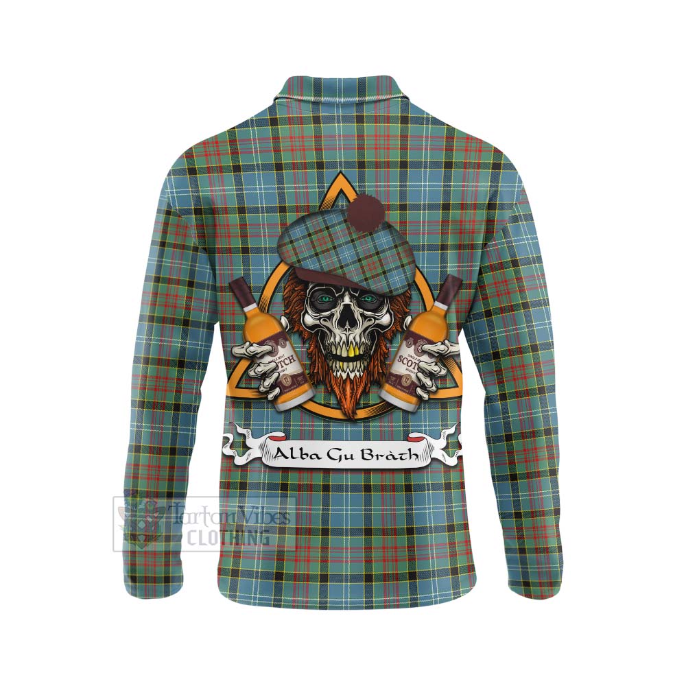 Tartan Vibes Clothing Paisley Tartan Long Sleeve Polo Shirt with Family Crest and Bearded Skull Holding Bottles of Whiskey