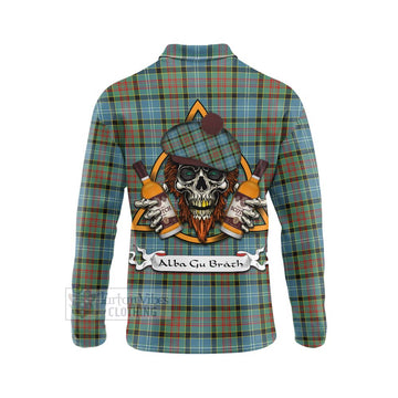 Paisley Tartan Long Sleeve Polo Shirt with Family Crest and Bearded Skull Holding Bottles of Whiskey