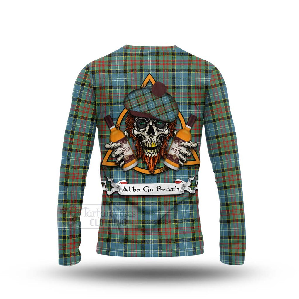 Tartan Vibes Clothing Paisley Tartan Long Sleeve T-Shirt with Family Crest and Bearded Skull Holding Bottles of Whiskey