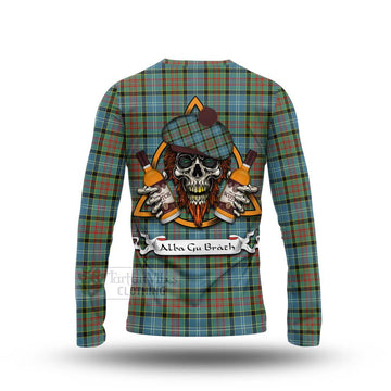 Paisley Tartan Long Sleeve T-Shirt with Family Crest and Bearded Skull Holding Bottles of Whiskey