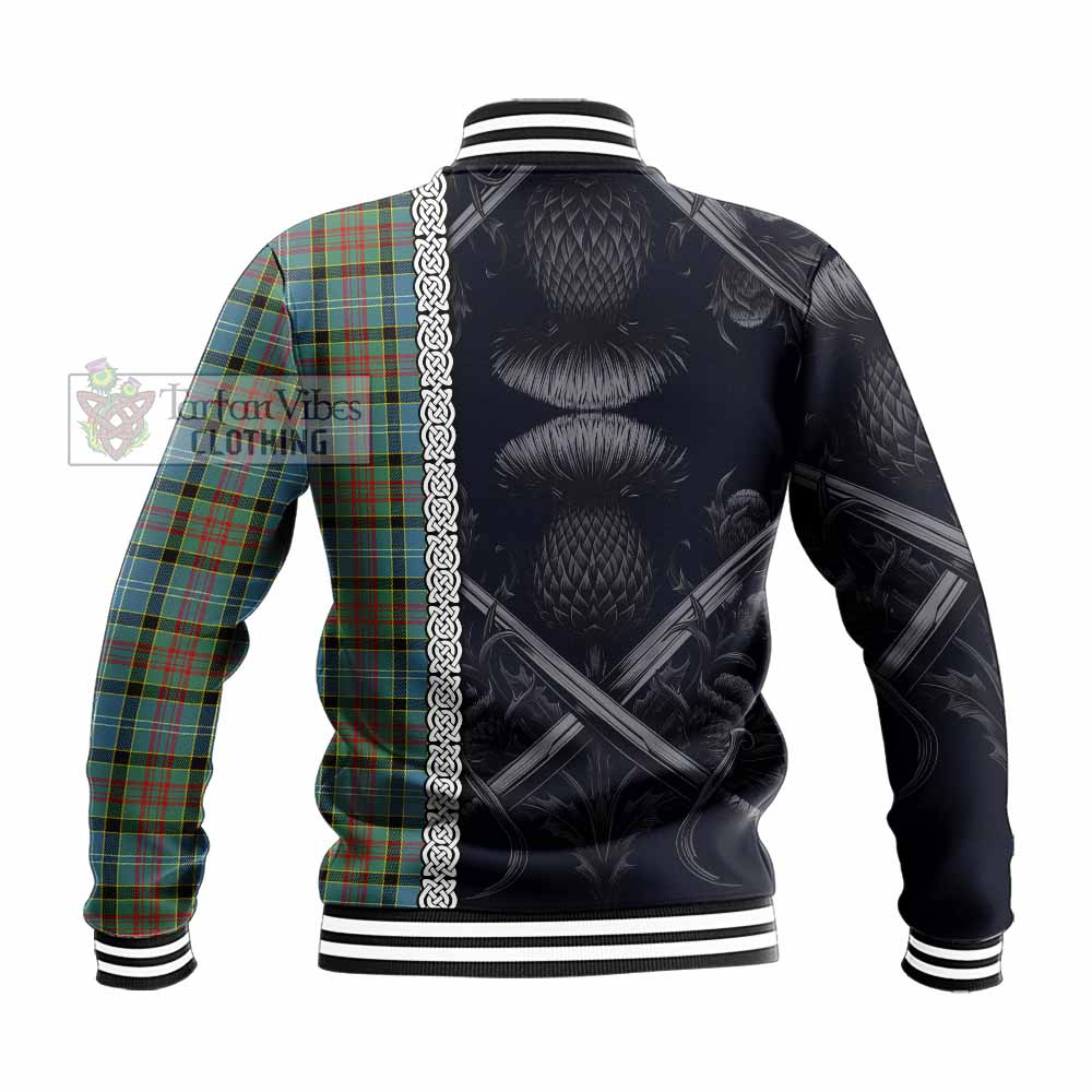 Tartan Vibes Clothing Paisley Tartan Baseball Jacket with Family Crest Cross Sword Thistle Celtic Vibes