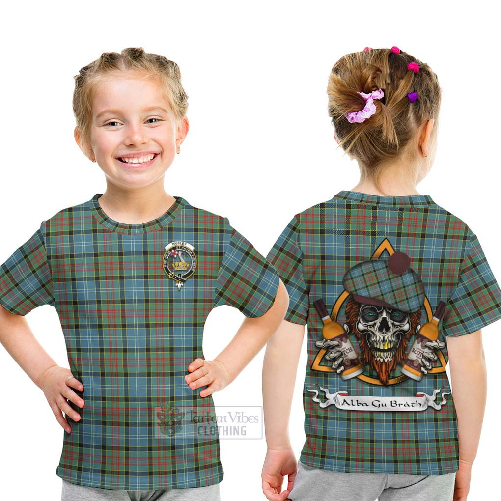 Tartan Vibes Clothing Paisley Tartan Kid T-Shirt with Family Crest and Bearded Skull Holding Bottles of Whiskey