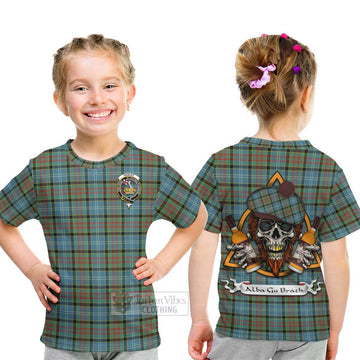 Paisley Tartan Kid T-Shirt with Family Crest and Bearded Skull Holding Bottles of Whiskey