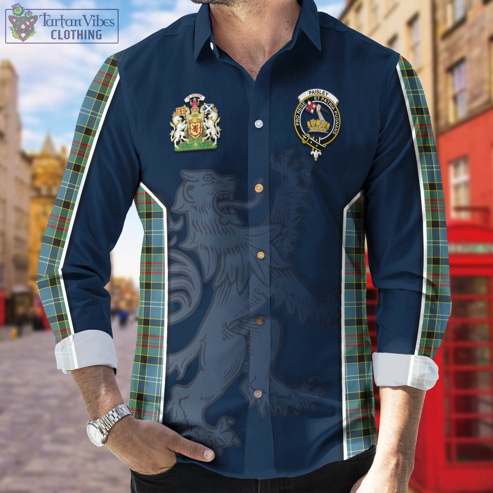 Paisley Tartan Long Sleeve Button Up Shirt with Family Crest and Lion Rampant Vibes Sport Style