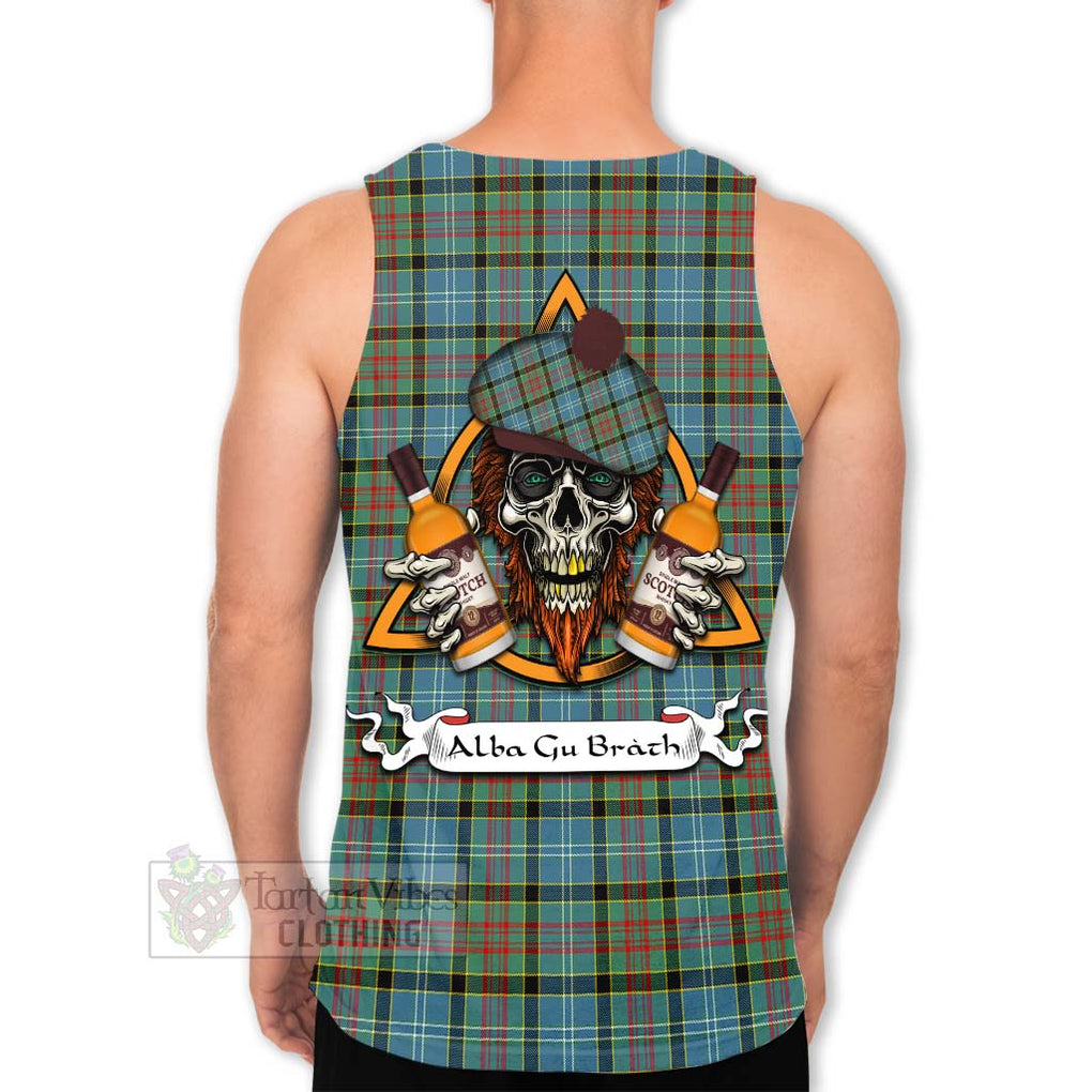 Tartan Vibes Clothing Paisley Tartan Men's Tank Top with Family Crest and Bearded Skull Holding Bottles of Whiskey