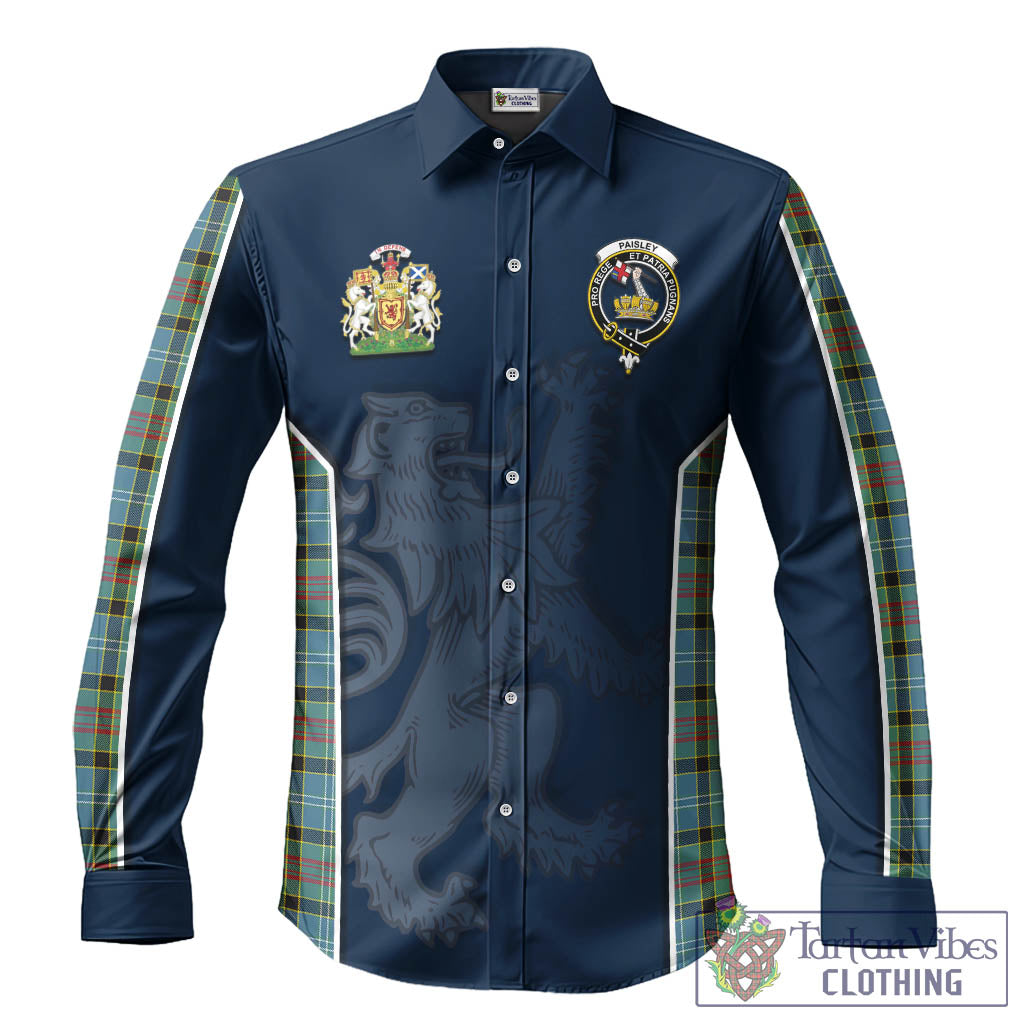 Paisley Tartan Long Sleeve Button Up Shirt with Family Crest and Lion Rampant Vibes Sport Style