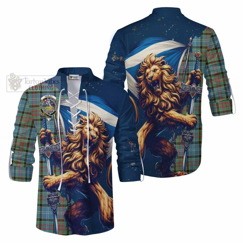 Tartan Vibes Clothing Paisley Tartan Family Crest Ghillie Kilt Shirt with Scottish Majestic Lion