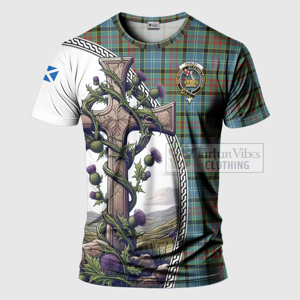 Tartan Vibes Clothing Paisley Agnew Tartan T-Shirt with Family Crest and St. Andrew's Cross Accented by Thistle Vines