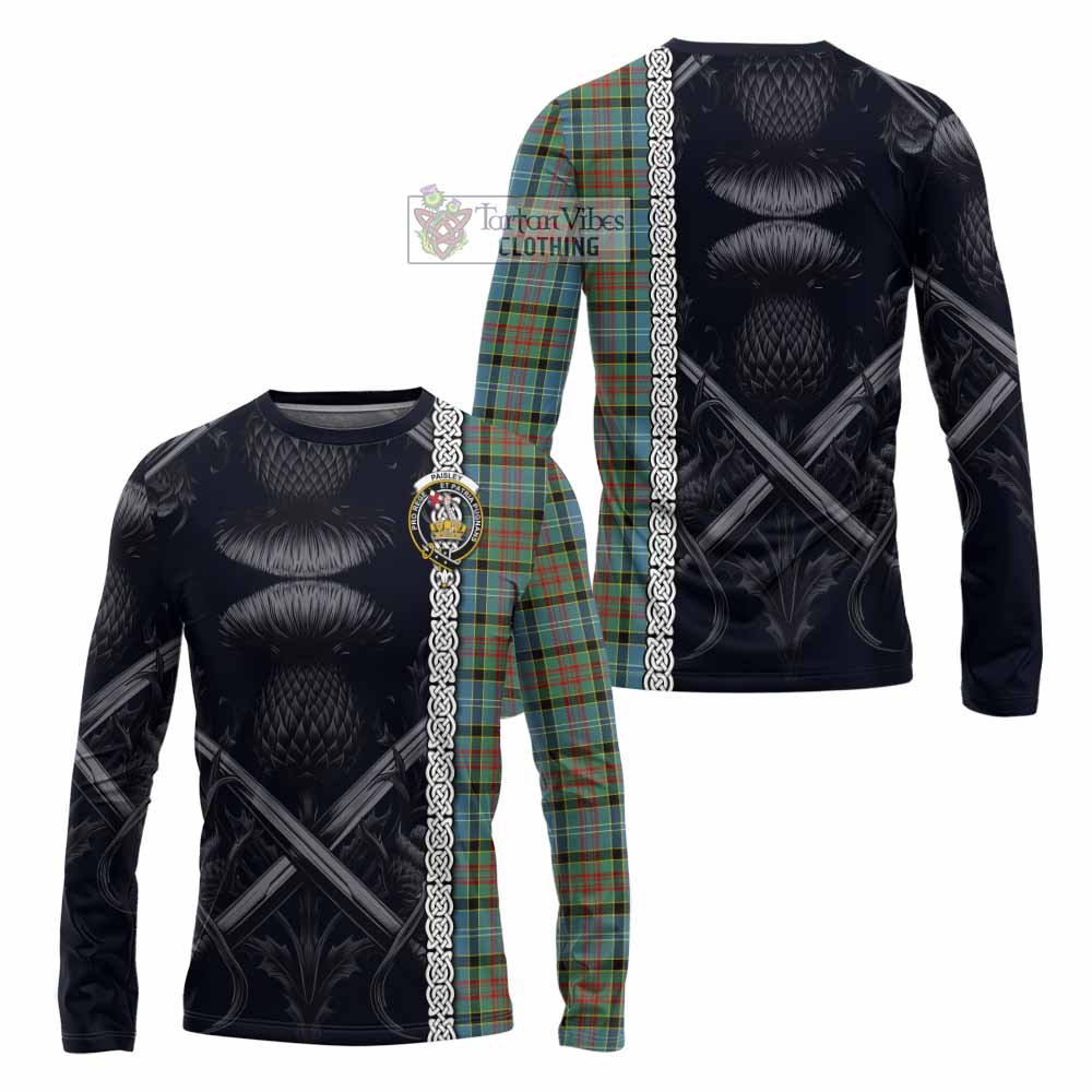 Tartan Vibes Clothing Paisley Tartan Long Sleeve T-Shirt with Family Crest Cross Sword Thistle Celtic Vibes