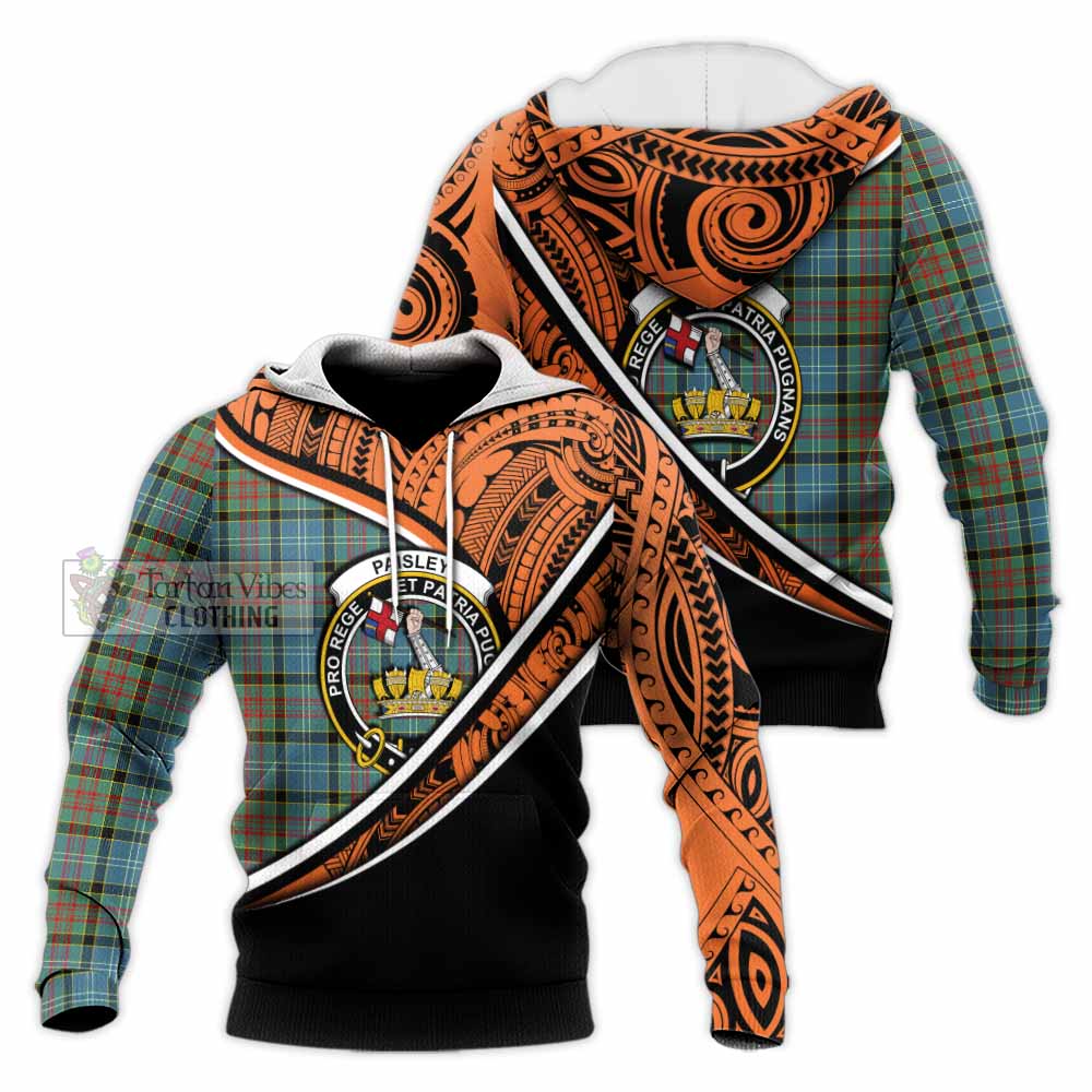 Tartan Vibes Clothing Paisley Crest Tartan Knitted Hoodie with Maori Tattoo Style - Orange Version