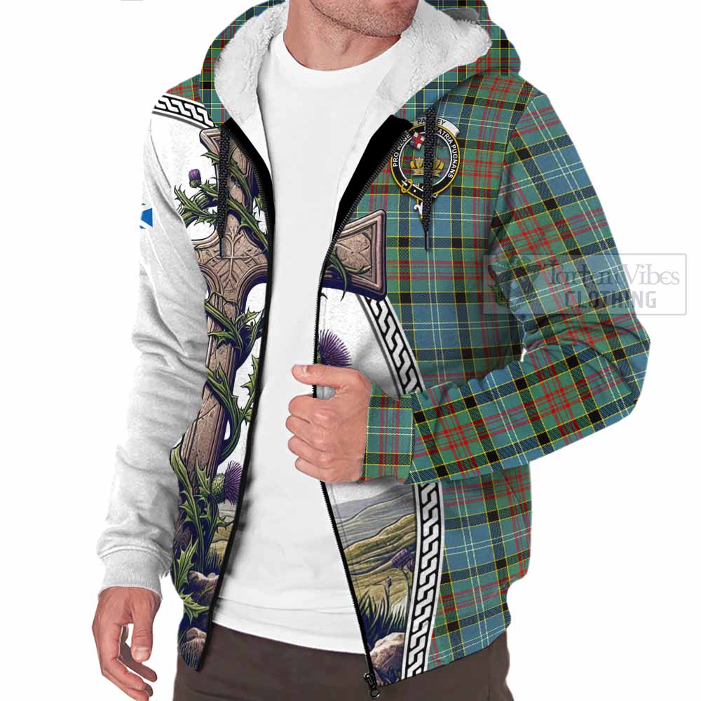 Tartan Vibes Clothing Paisley Tartan Sherpa Hoodie with Family Crest and St. Andrew's Cross Accented by Thistle Vines