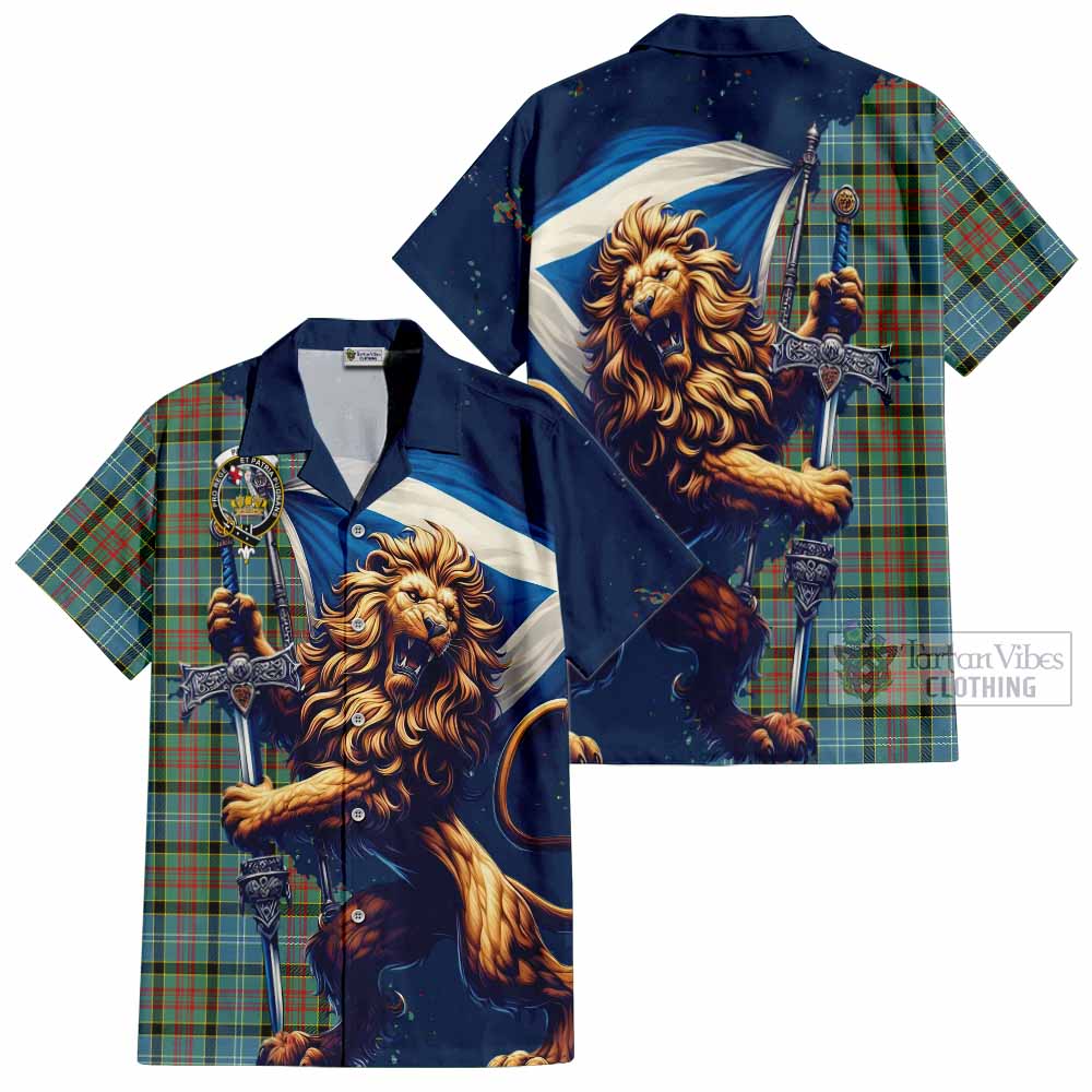 Tartan Vibes Clothing Paisley Tartan Family Crest Short Sleeve Button Shirt with Scottish Majestic Lion