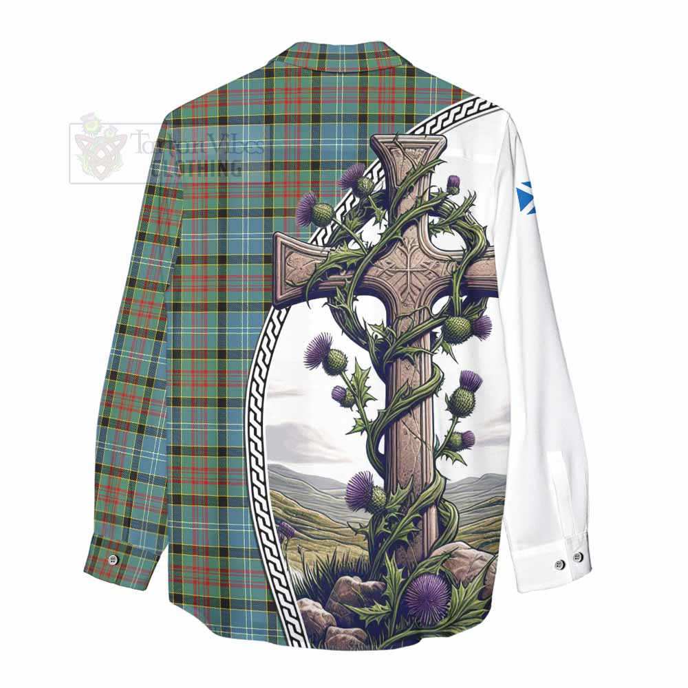 Tartan Vibes Clothing Paisley Tartan Women's Casual Shirt with Family Crest and St. Andrew's Cross Accented by Thistle Vines