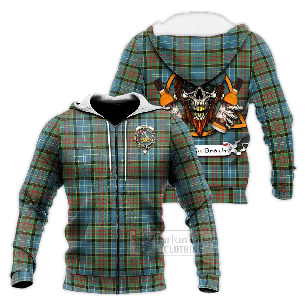 Tartan Vibes Clothing Paisley Tartan Knitted Hoodie with Family Crest and Bearded Skull Holding Bottles of Whiskey