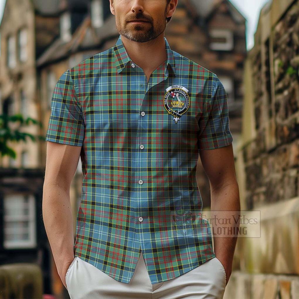 Tartan Vibes Clothing Paisley Tartan Short Sleeve Button Shirt with Family Crest and Bearded Skull Holding Bottles of Whiskey