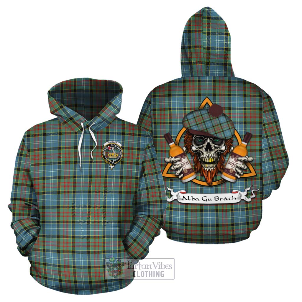 Tartan Vibes Clothing Paisley Tartan Cotton Hoodie with Family Crest and Bearded Skull Holding Bottles of Whiskey