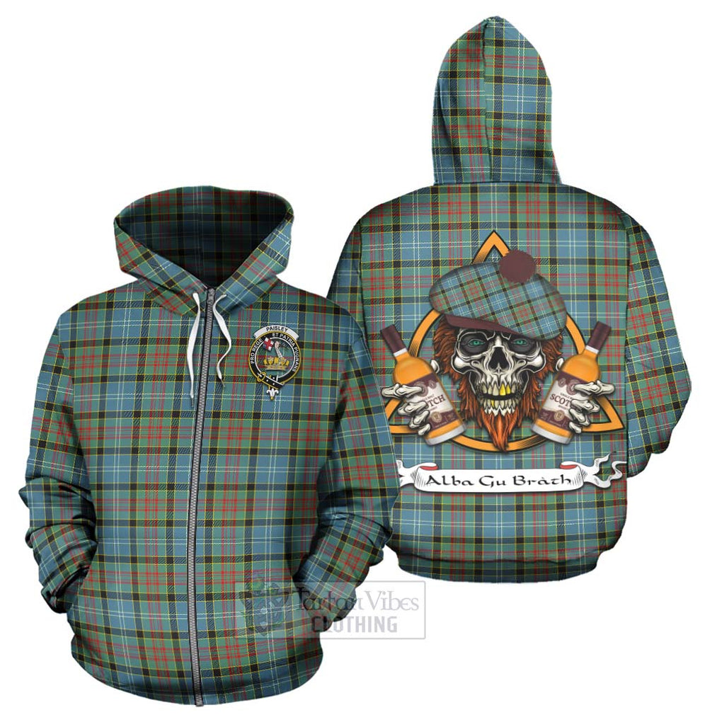 Tartan Vibes Clothing Paisley Tartan Hoodie with Family Crest and Bearded Skull Holding Bottles of Whiskey