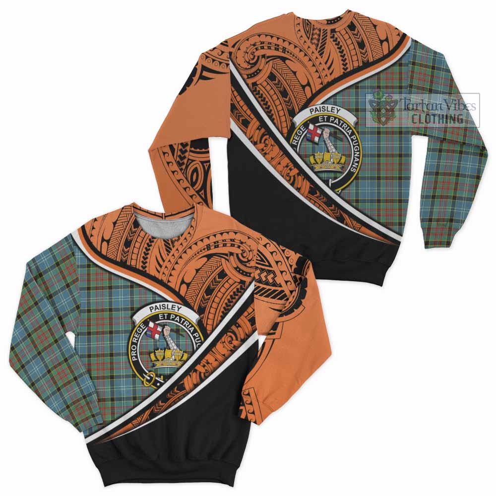 Tartan Vibes Clothing Paisley Crest Tartan Sweatshirt with Maori Tattoo Style - Orange Version