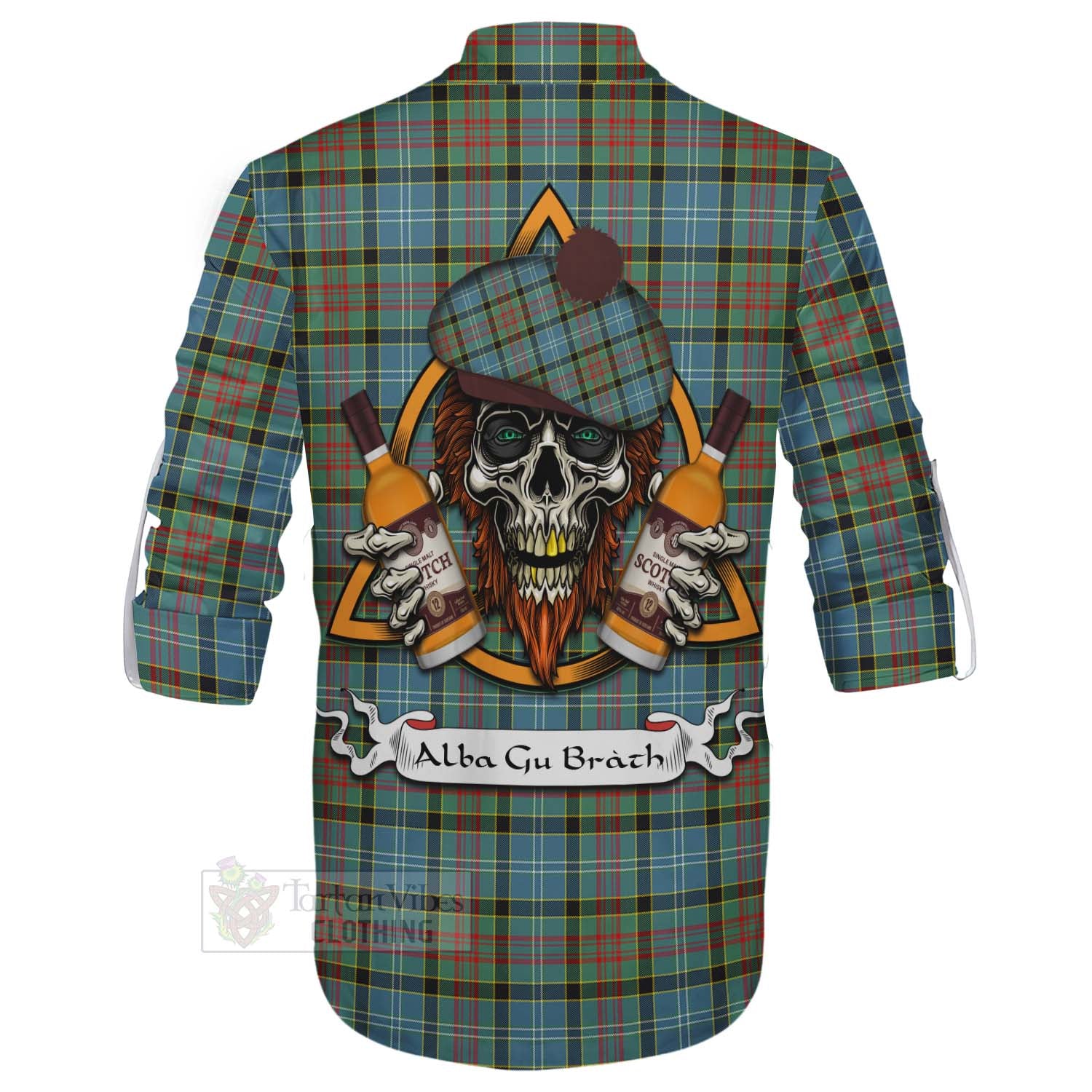 Tartan Vibes Clothing Paisley Tartan Ghillie Kilt Shirt with Family Crest and Bearded Skull Holding Bottles of Whiskey