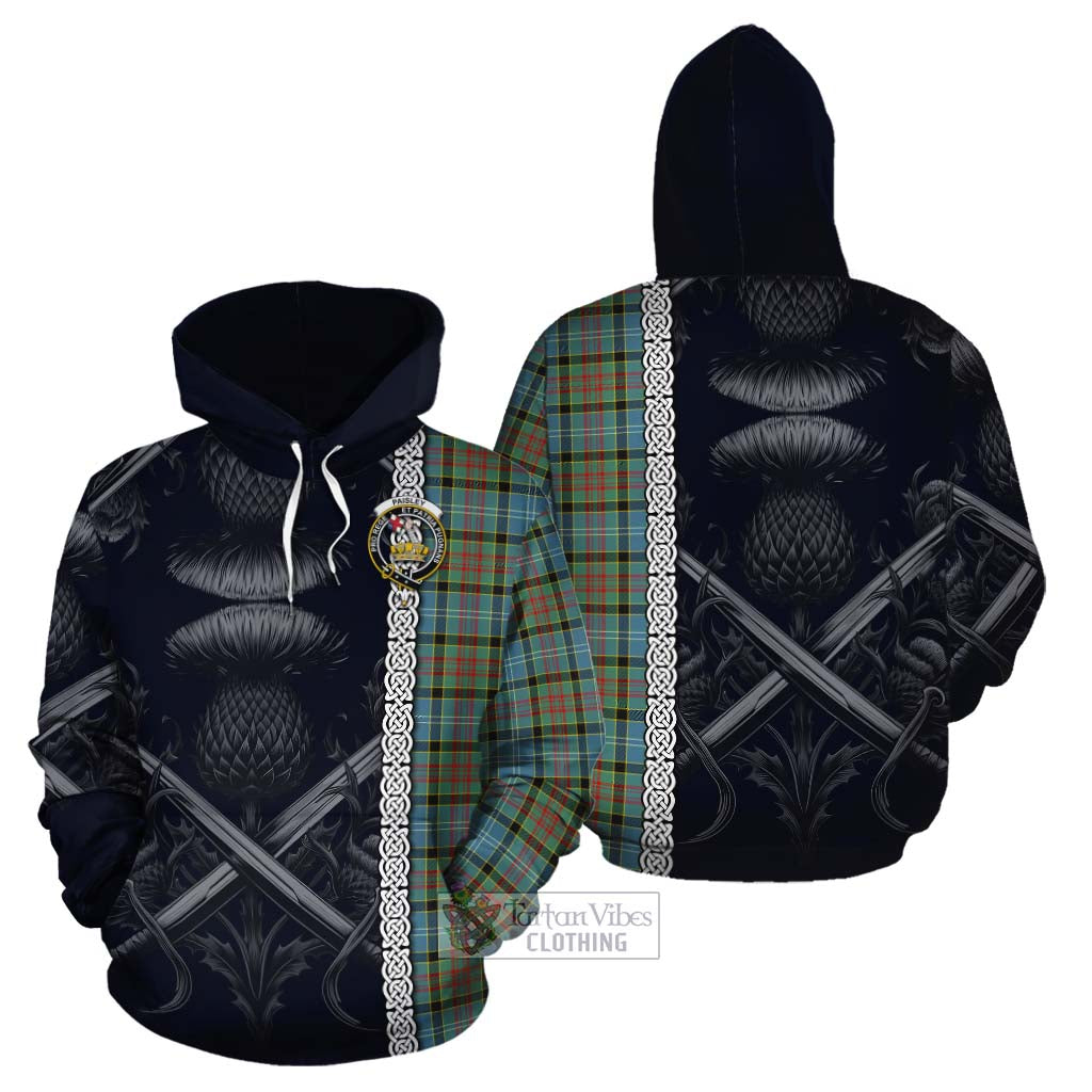 Tartan Vibes Clothing Paisley Tartan Cotton Hoodie with Family Crest Cross Sword Thistle Celtic Vibes