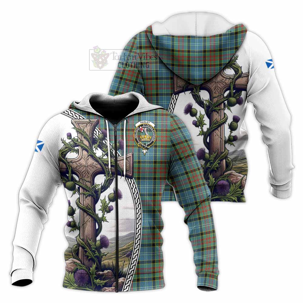 Tartan Vibes Clothing Paisley Tartan Knitted Hoodie with Family Crest and St. Andrew's Cross Accented by Thistle Vines