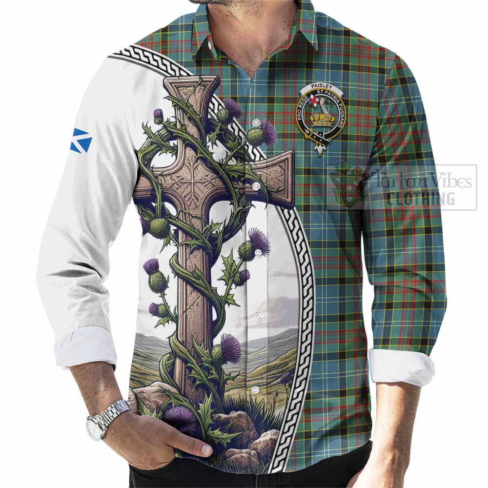 Tartan Vibes Clothing Paisley Tartan Long Sleeve Button Shirt with Family Crest and St. Andrew's Cross Accented by Thistle Vines