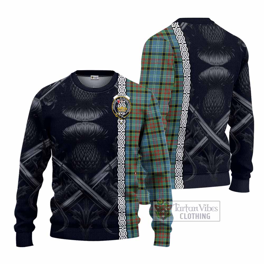 Tartan Vibes Clothing Paisley Tartan Knitted Sweater with Family Crest Cross Sword Thistle Celtic Vibes