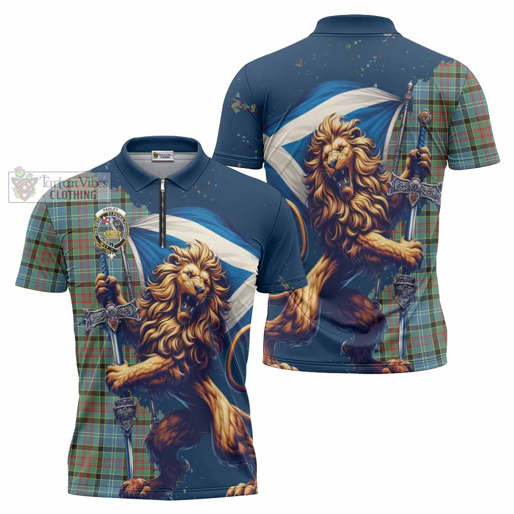 Tartan Vibes Clothing Paisley Tartan Family Crest Zipper Polo Shirt with Scottish Majestic Lion