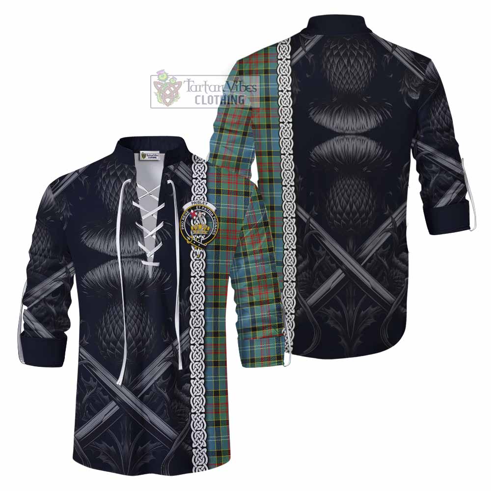 Tartan Vibes Clothing Paisley Tartan Ghillie Kilt Shirt with Family Crest Cross Sword Thistle Celtic Vibes